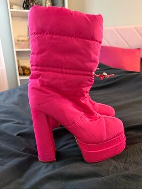 Hot Pink Block Heel Puffer Boots - Women